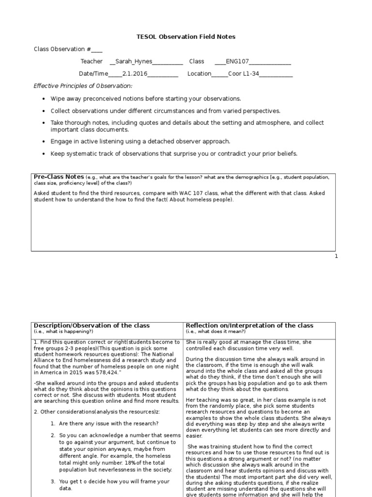 Descriptive field notes example picture
