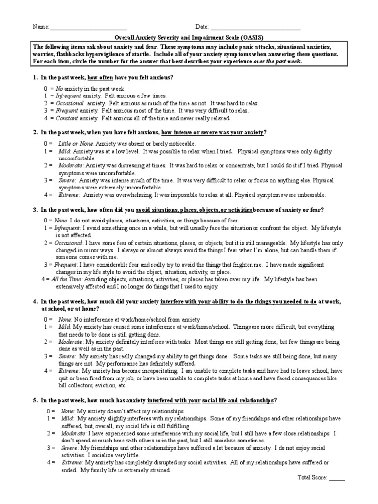 OASIS Anxiety Severity Assessment | PDF | Anxiety | Psychiatry Related ...