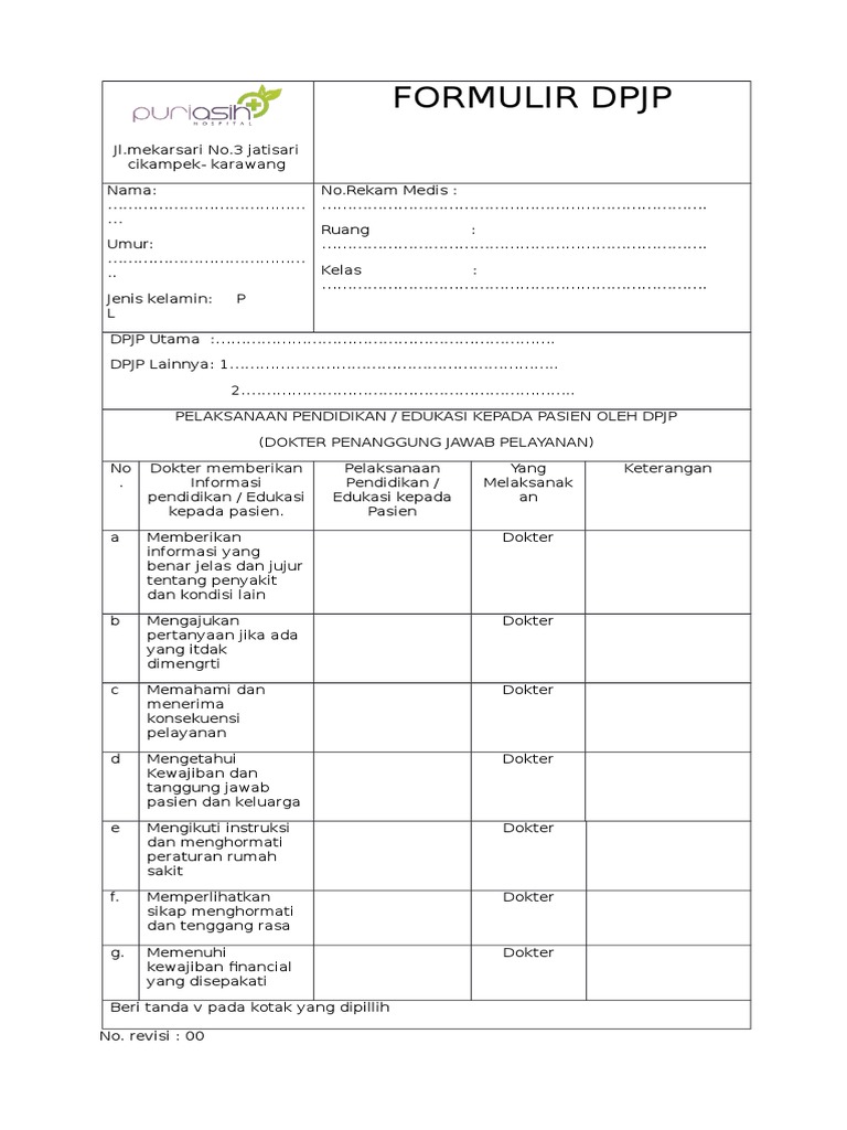 Formulir Dpjp Pasien melakukan Proses Pembayaran Biaya Administrasi Pembuatan Surat Keterangan Resume Medis.