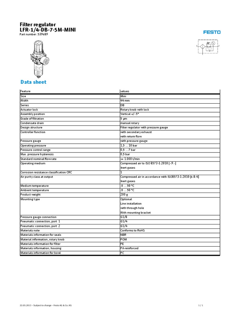 Air Filter Regulator Festo Make PDF Filtration Pressure Measurement