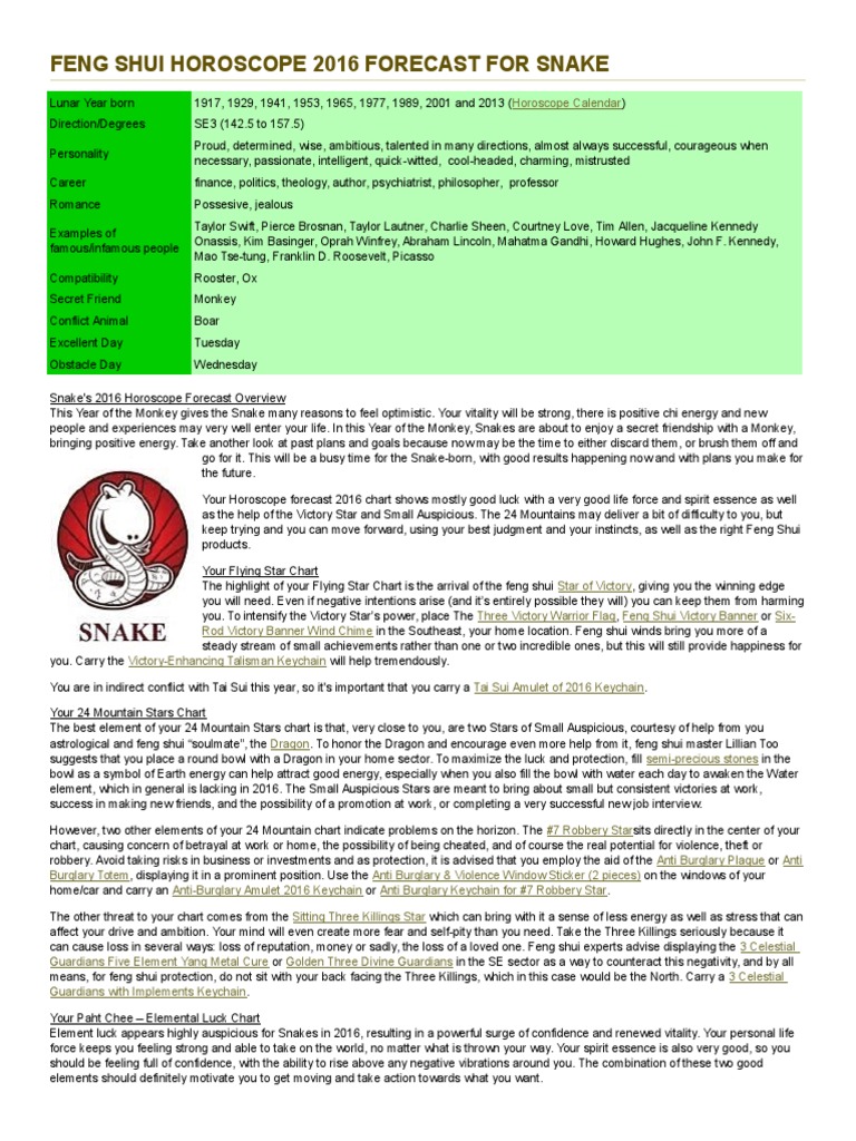 Feng Shui Horoscope 2016 Forecast For Snake Feng Shui - 