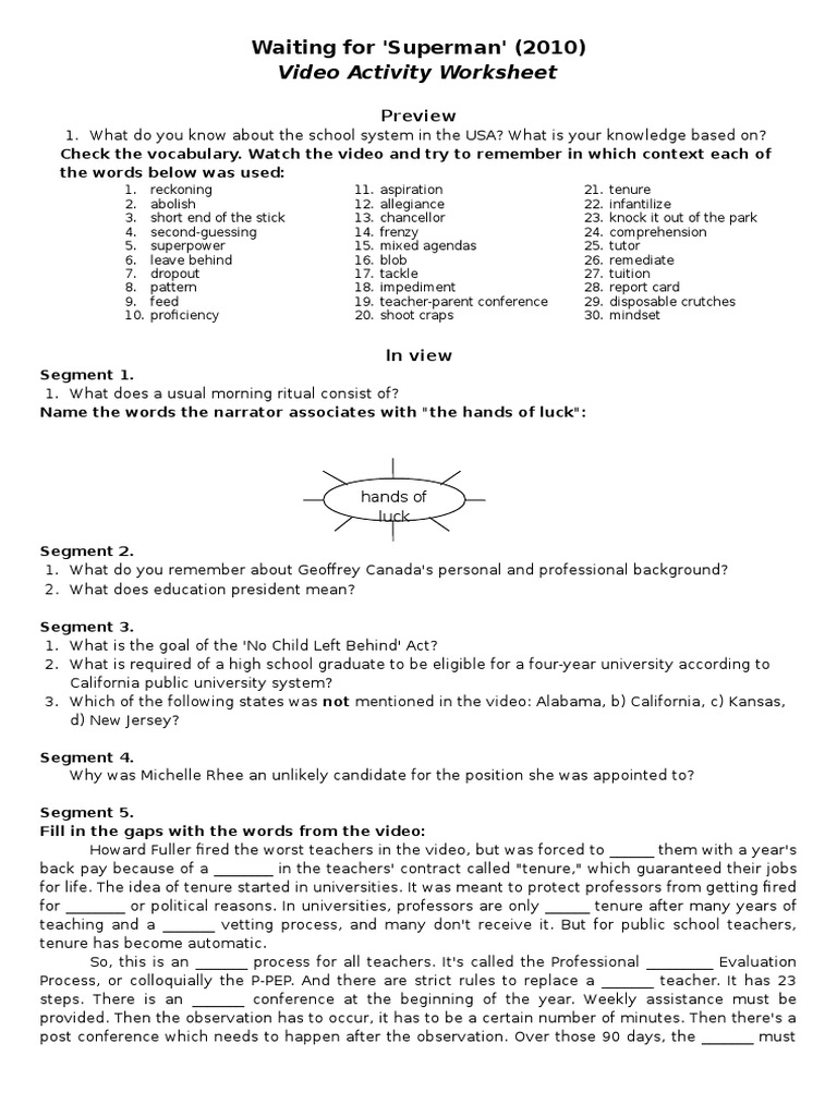 Waiting for Superman Video Activity Worksheet | State School | Middle