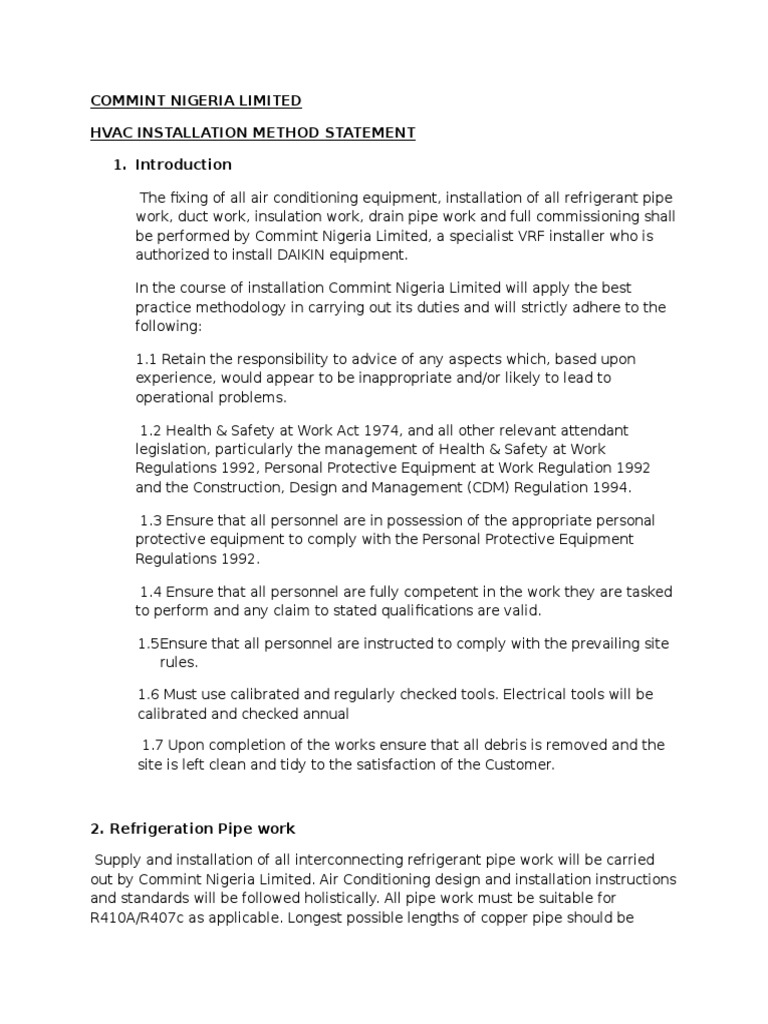 HVAC VRF Installation Method Statement Duct (Flow) Pipe (Fluid