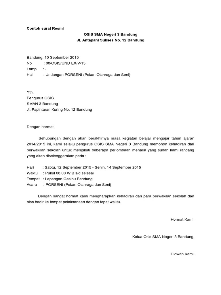 Contoh Surat Resmi Tentang Osis