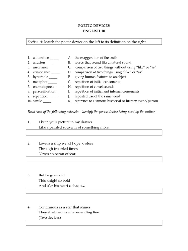 POETIC DEVICES Worksheet 23  Poetry  Literary Techniques In Poetic Devices Worksheet 1