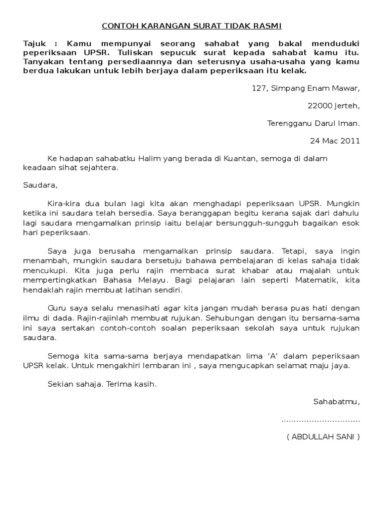 Contoh Karangan Surat Tidak Rasmi Pdf