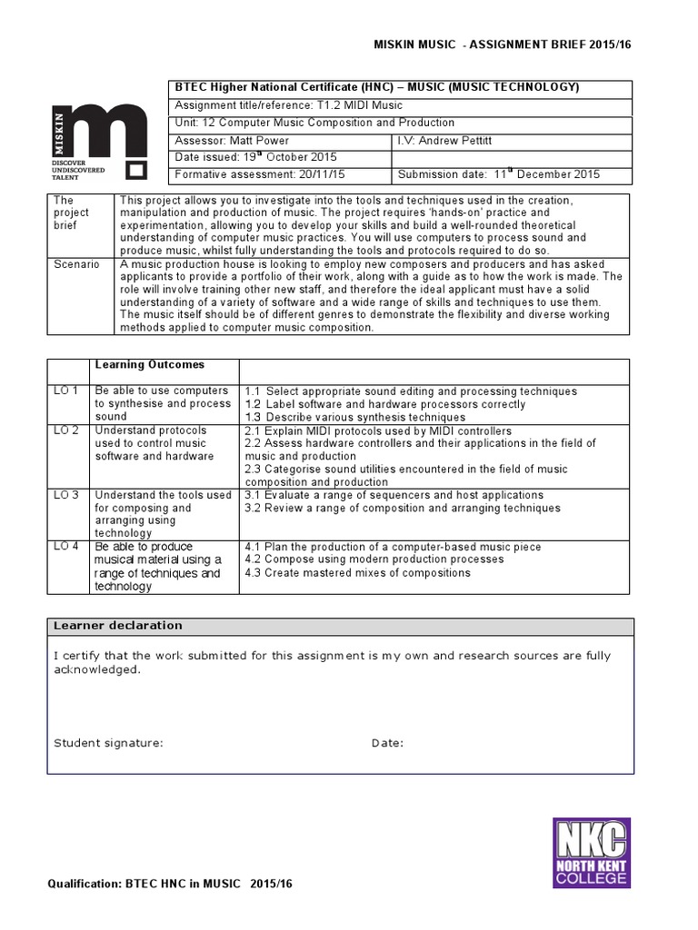 BTEC HNC Music Production Assignment | PDF