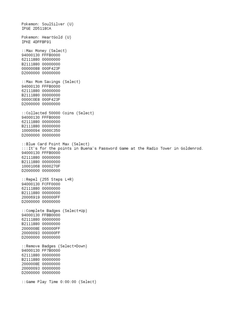 Pokemon Heart Gold/Soul Silver Action Replay Codes (US Versions) | PDF
