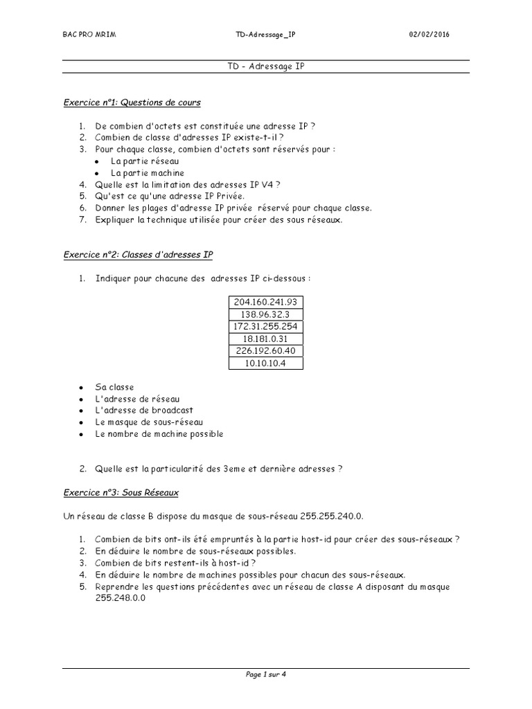 Combien Y A-t-il De Bits Et D'octets Pix TD1 Adressage IP | Adresse IP | Protocole sur la couche réseau