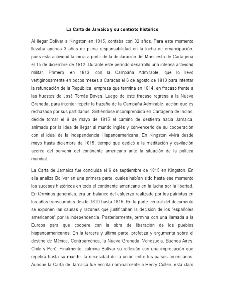 La Carta de Jamaica y Su Contexto Histórico  Venezuela  Política