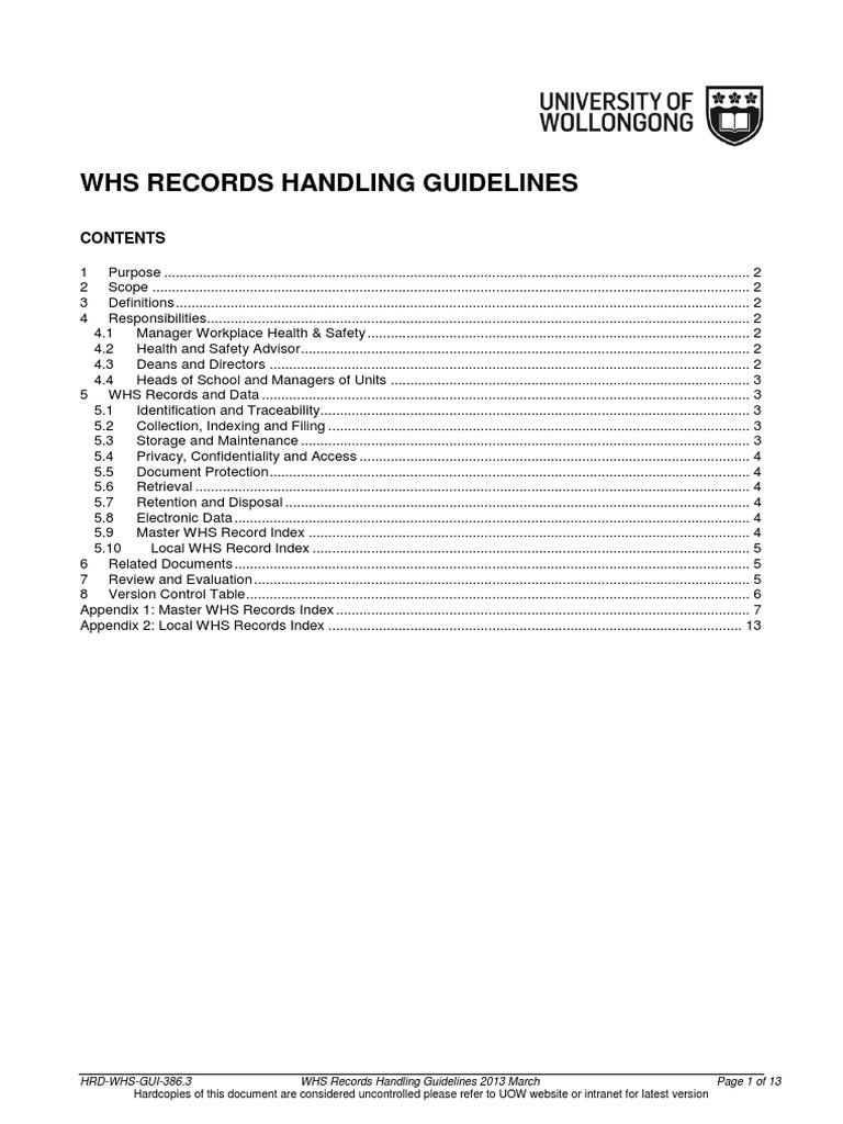 WHS RECORDS HANDLING GUIDELINES Records Management Database Index