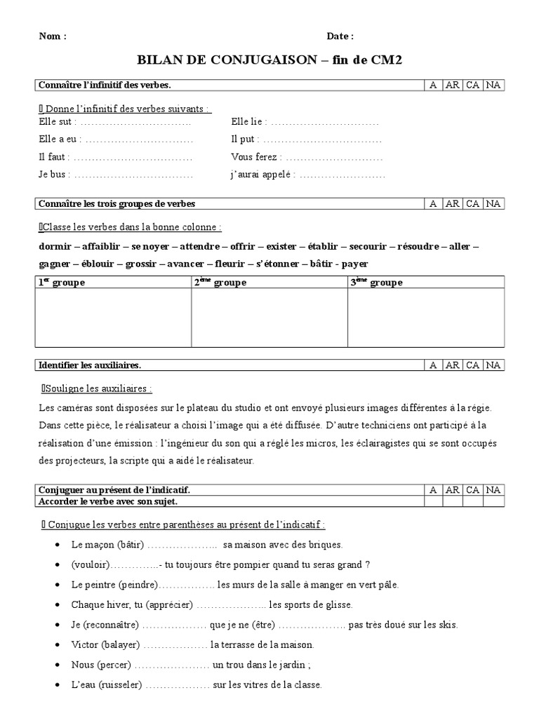 évaluation Français Cm2 Fin D'année Pdf Bilan Fin Cm2 | Verbe | Morphologie linguistique