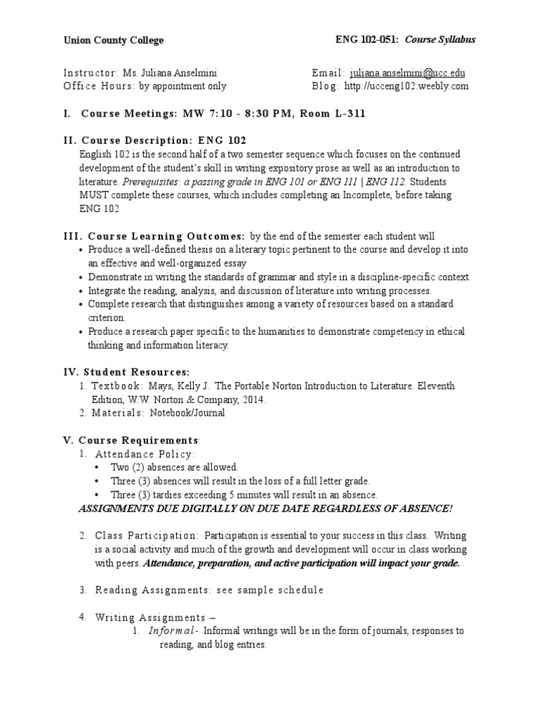 Eng 102 Syllabus | PDF | Essays | Information Literacy