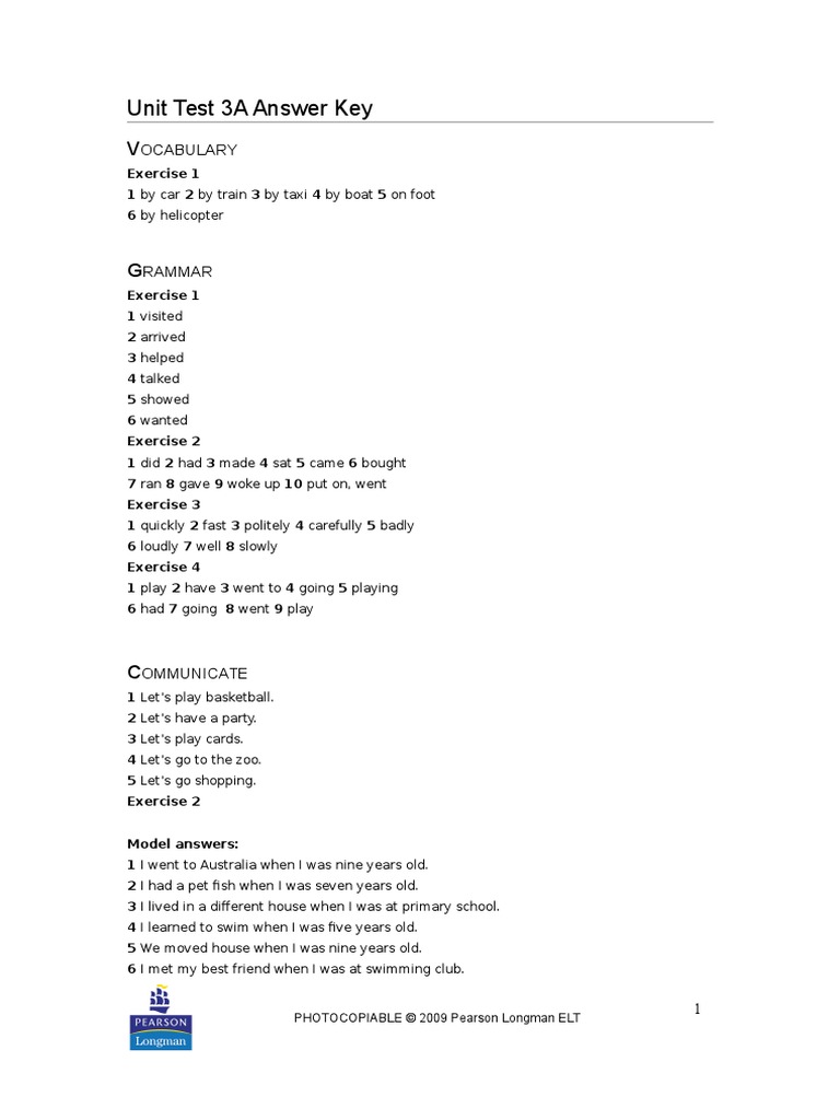 Unit 3 Test Answer Key