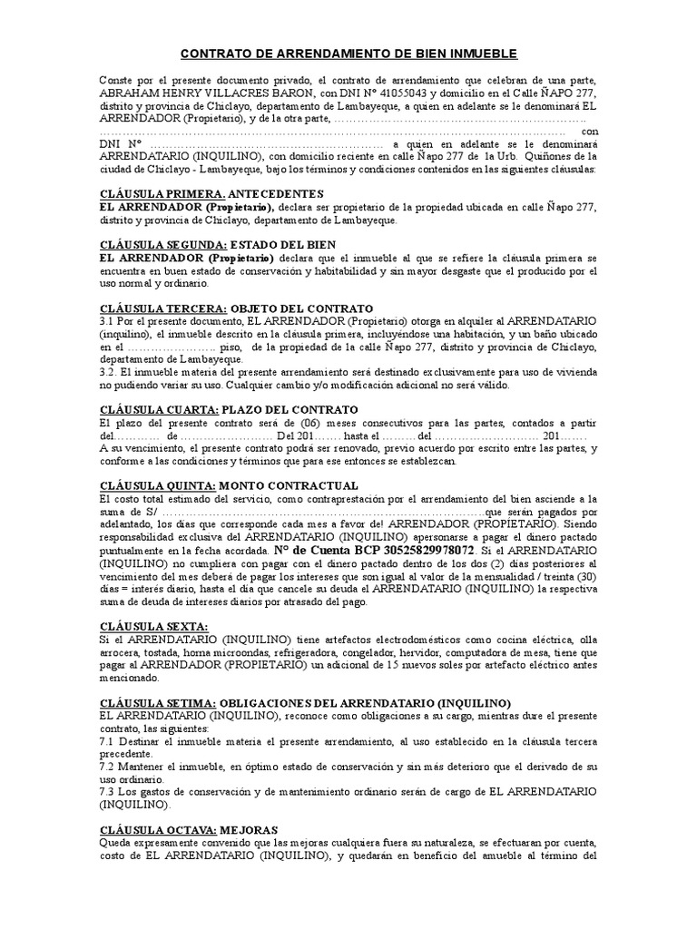 Contrato de Arrendamiento de Bien Inmueble