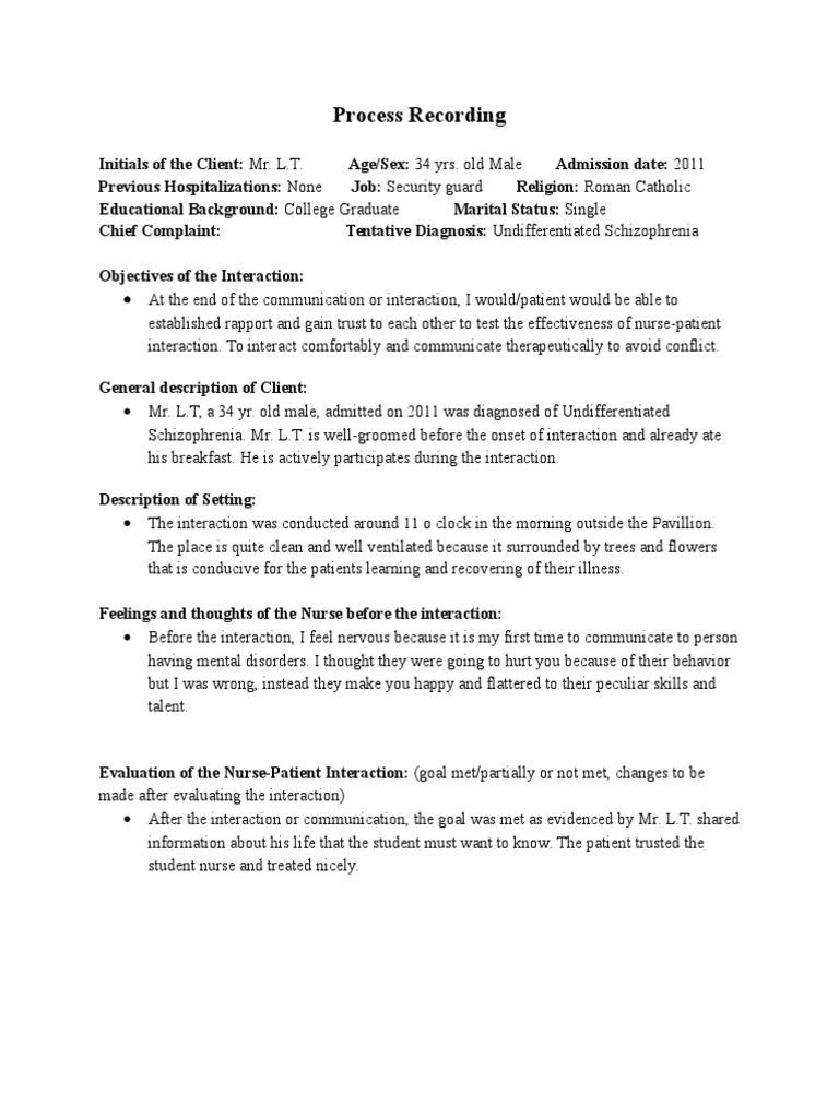 Process Recording of Schizophrenia Patient | PDF