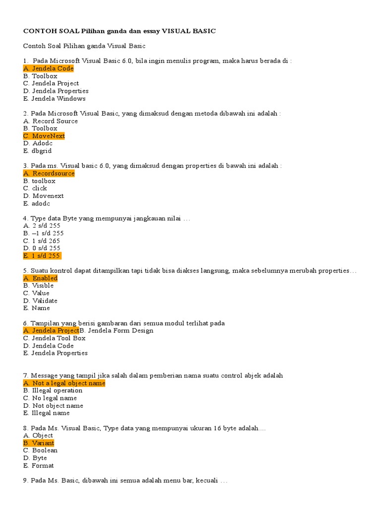 Contoh Soal Pilihan Ganda Dan Essay Visual Basic