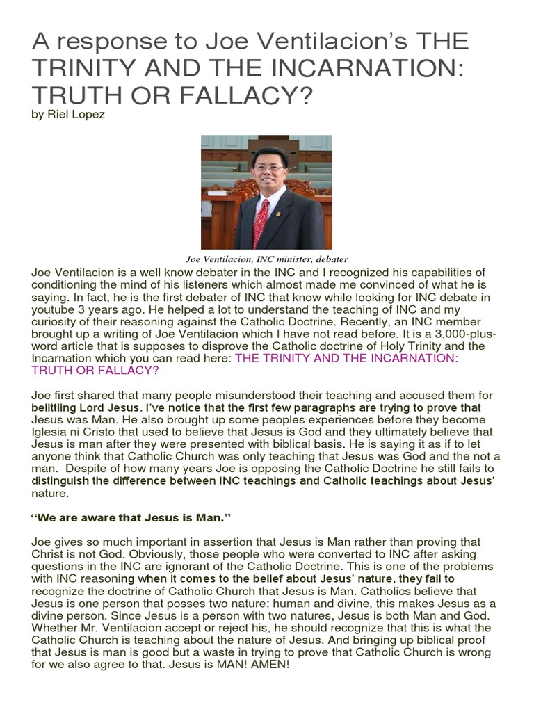 A Response To Joe Ventilacion PDF Trinity Jesus