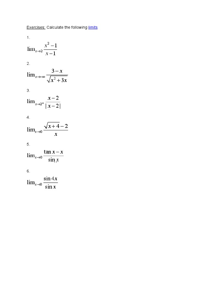 Limit Calculation Exercises | PDF