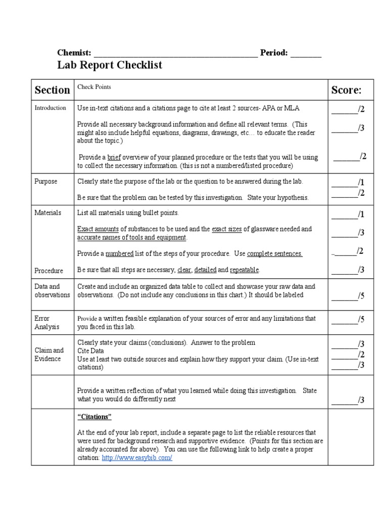 Lab Report Checklist for Chemists | PDF