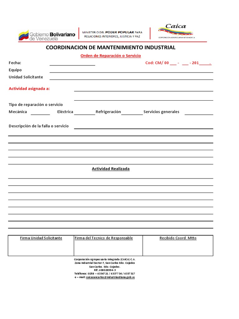 Formato Orden de Servicio de Mantenimiento