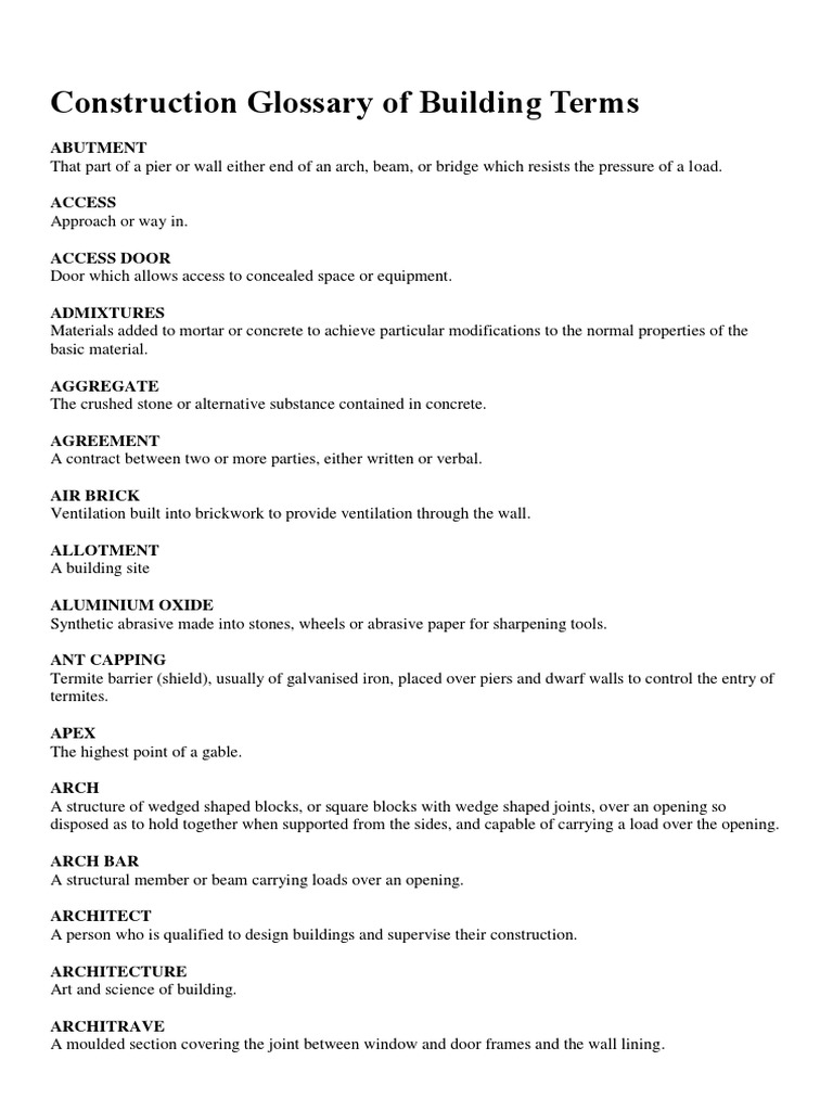Construction Terms Glossary PDF | PDF | Framing (Construction) | Wall