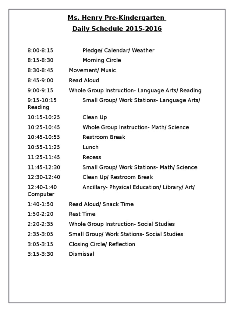 Pre-K Daily Schedule 2015-2016 | PDF | Language Arts & Discipline