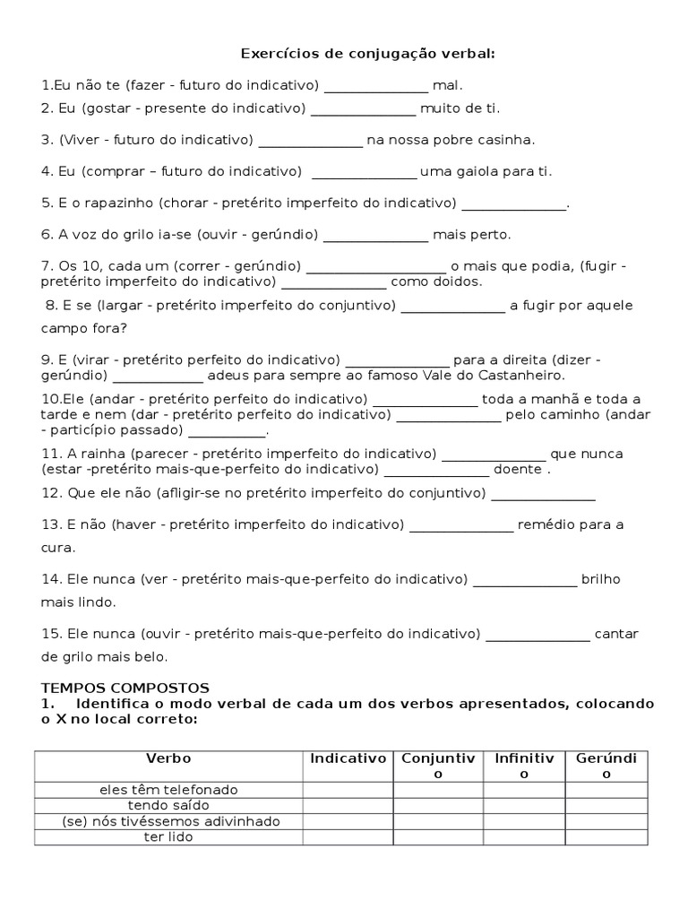 Exercícios de Conjugação Verbal Tempos Compostos Tempo Gramatical
