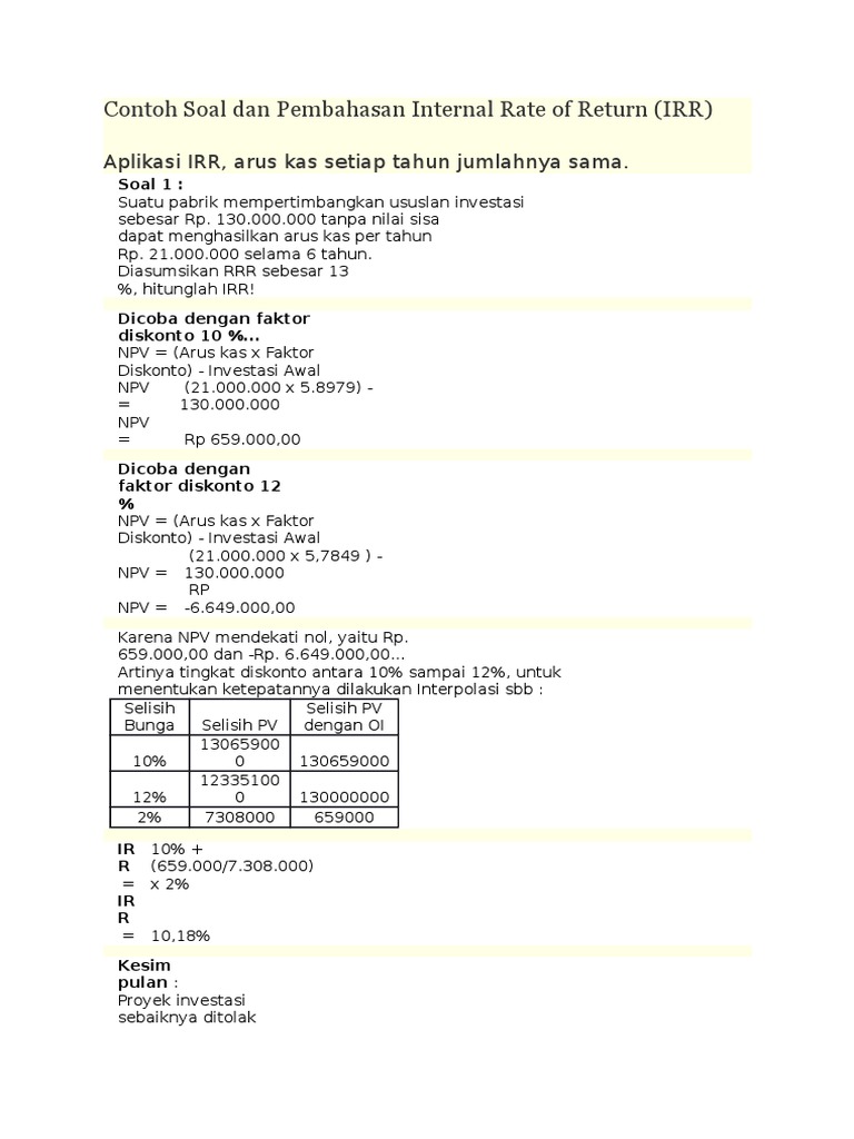 Contoh Soal Dan Pembahasan Internal Rate Of Return