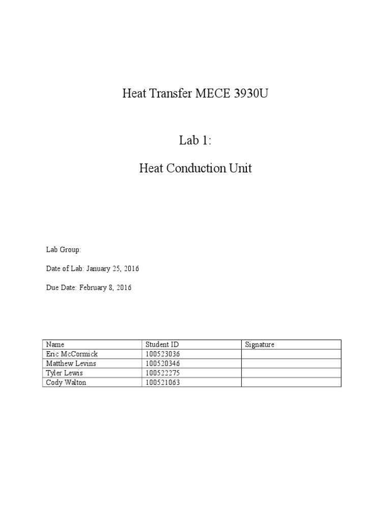 Heat Conduction Lab Report MECE 3930U | PDF | Thermal Conduction ...