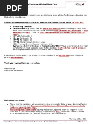 Cabin Crew Recruitment Pre Employment Medical Check Form