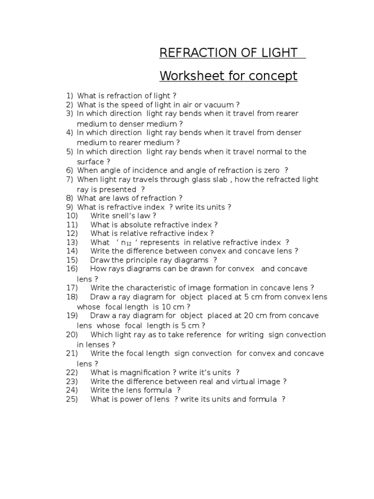 Refraction of Light Worksheet | Refraction | Electrodynamics