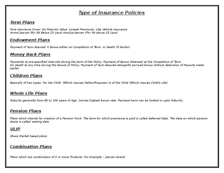 Type of Insurance Policies | PDF | Finance & Money Management | Business