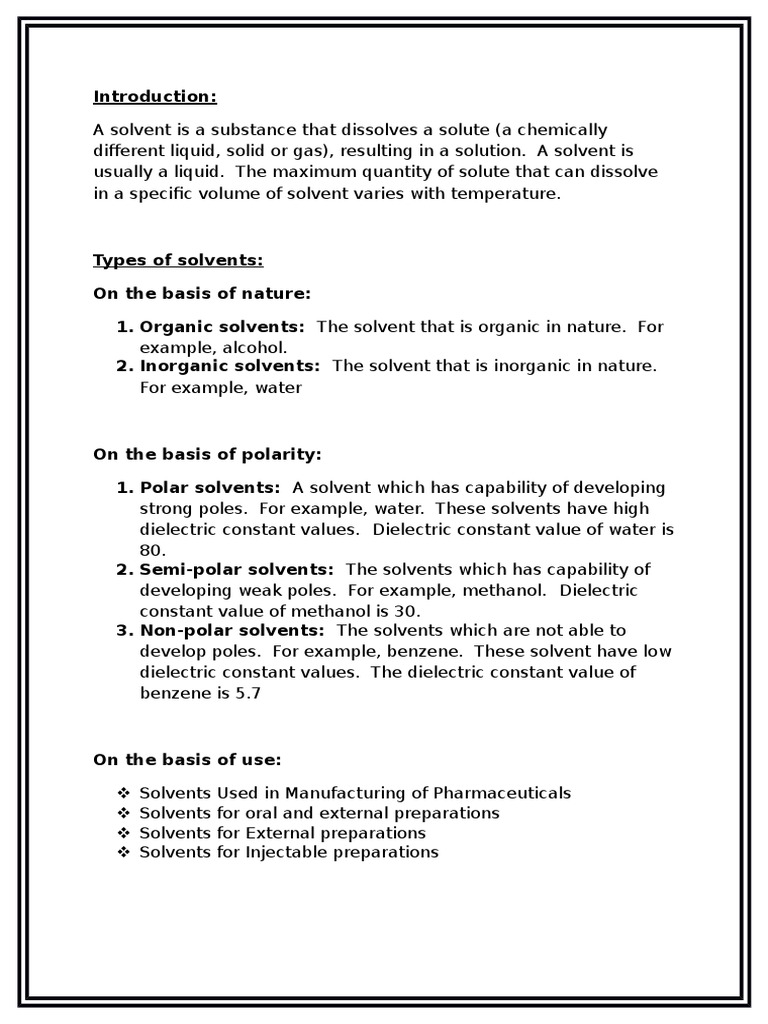 Solvents Used in Pharmacy PDF Solvent Solution