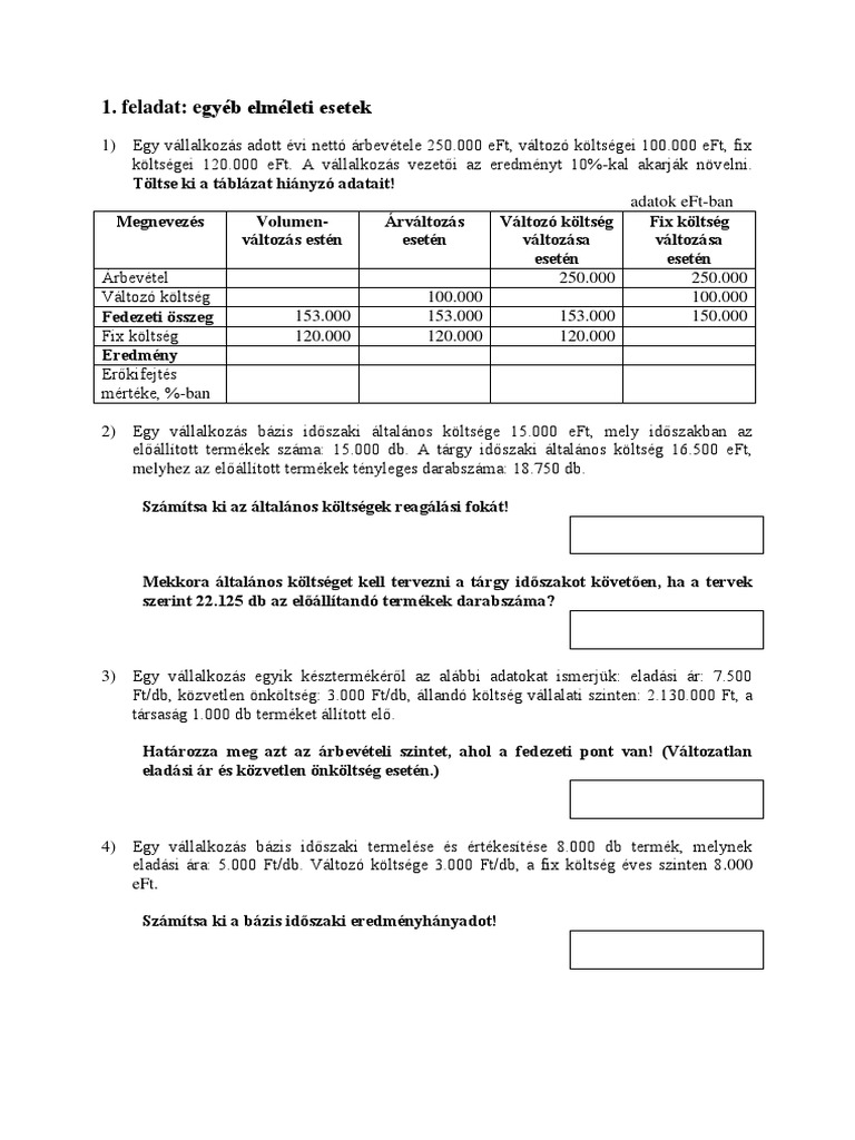 Vezetői Számvitel Minta ZH Elso Negyedev-Uj | PDF