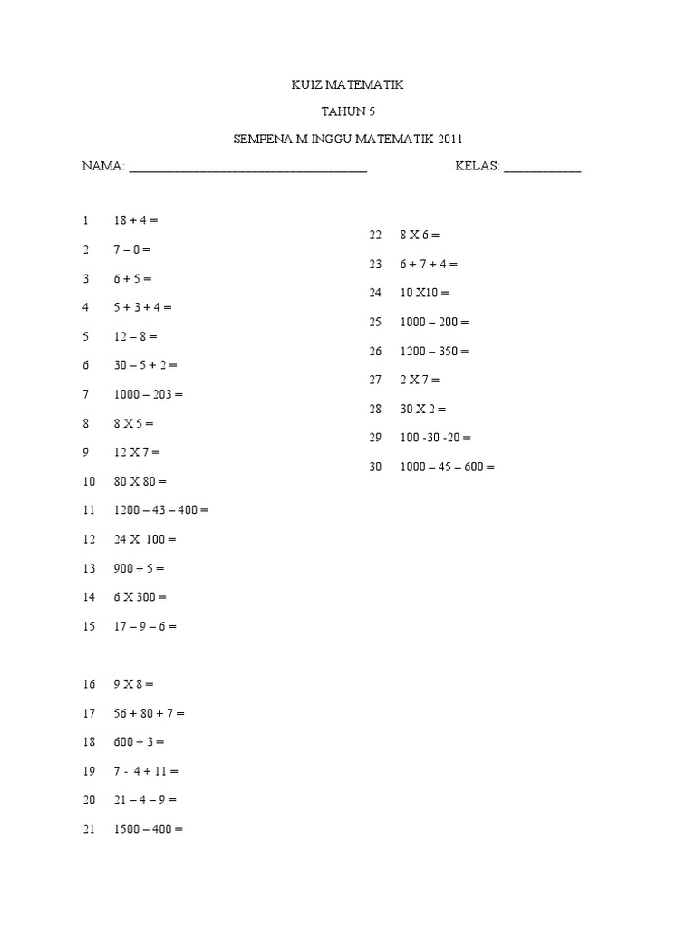 Kuiz Matematik Tahun 5