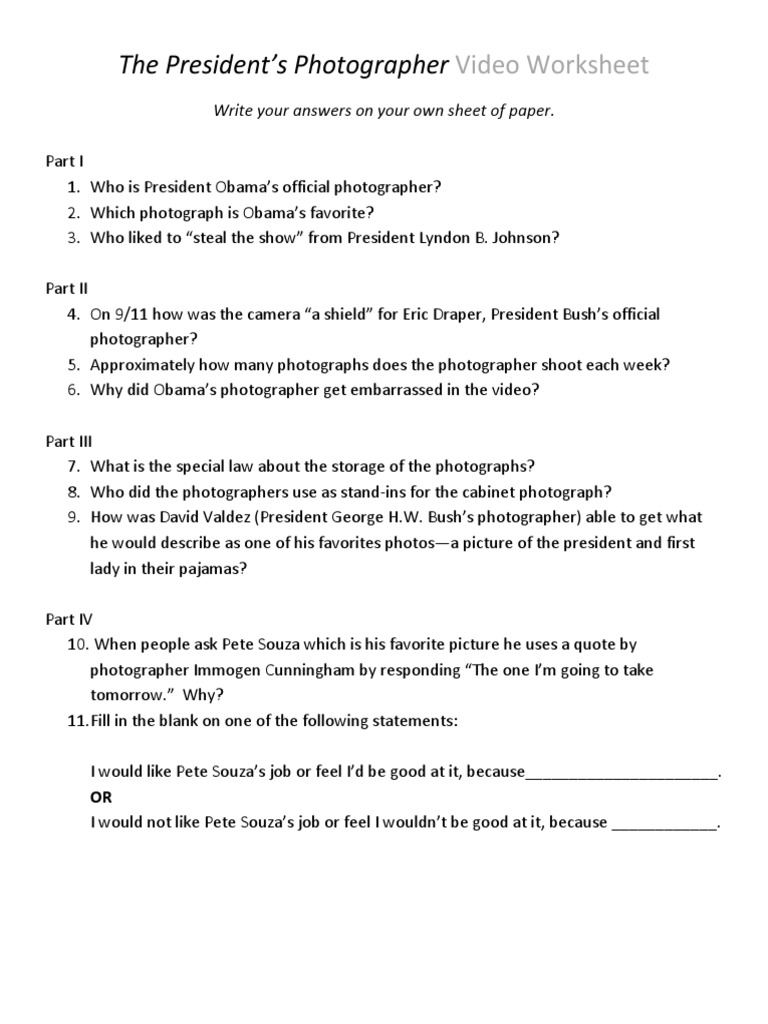 The Presidents Photographer Video Worksheet