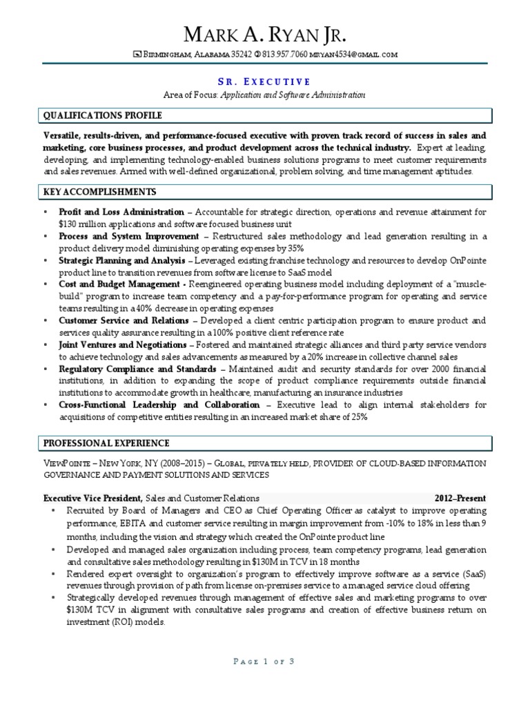 COO Chief Revenue Officer in USA Resume Mark Ryan