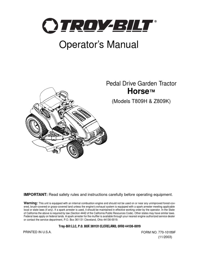 Troy-Bilt Models T809H & Z809K Lawnmower Operator's Manual | Tractor | Belt  (Mechanical)