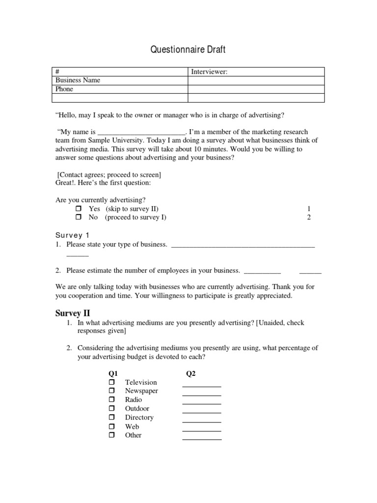 Early Draft Questionnaire Advertising Market (Economics)