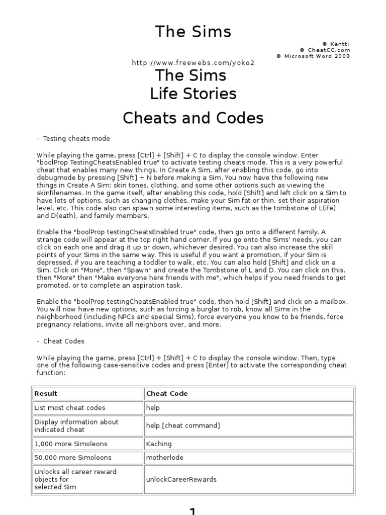 The Sims Life Stories and The Sims 2 CHEATS AND CODES Cheating In