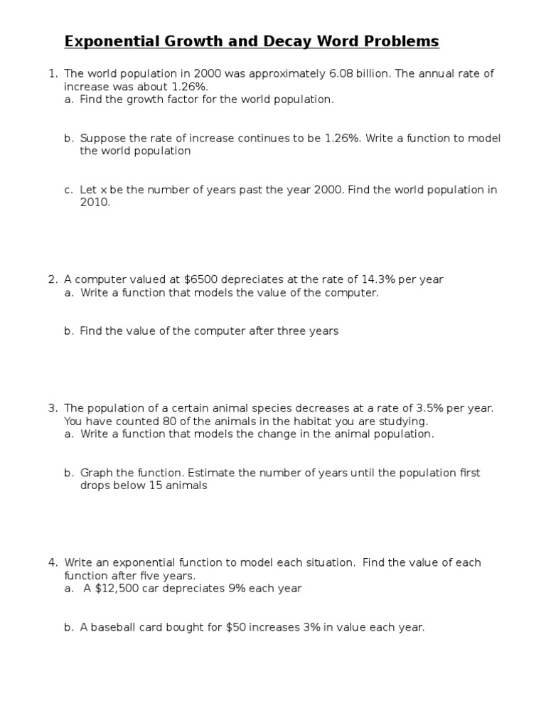 11 Exponential Growth and Decay Word Problems In Growth And Decay Worksheet