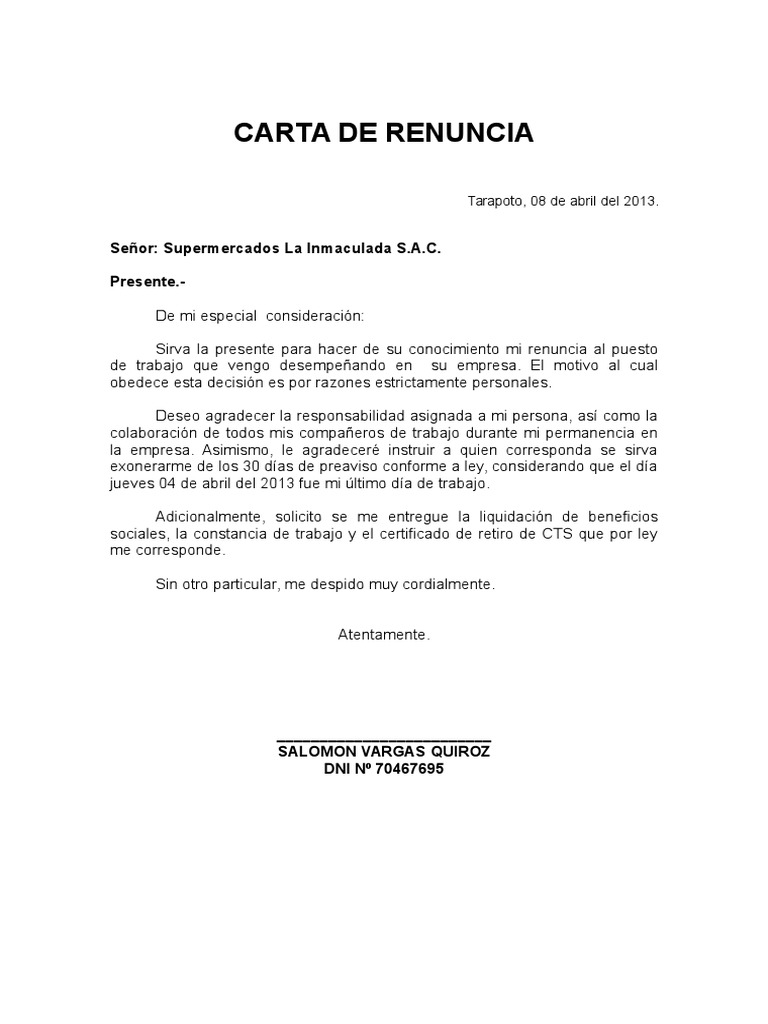 Carta de Renuncia  Liquidación  Perú