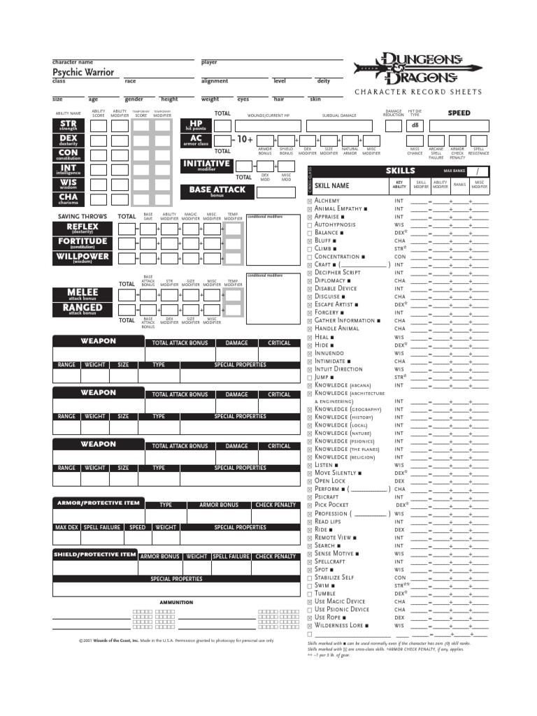 Psionics Sheets | PDF | Dungeons & Dragons | D20 System