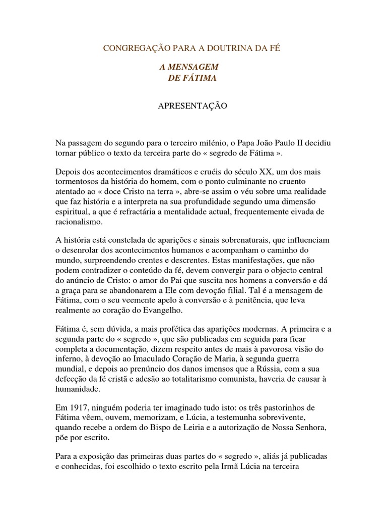 Terceiro Segredo de Fatima - Vaticano  Revelação  Crença 