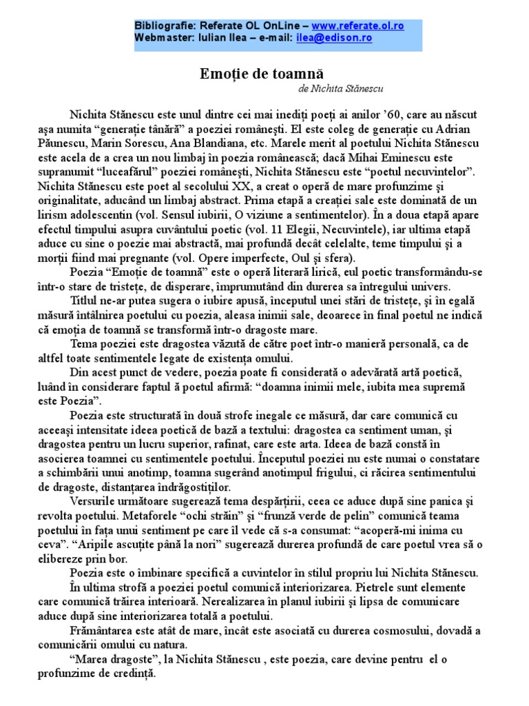 Emotie de toamna de Nichita Stanescu