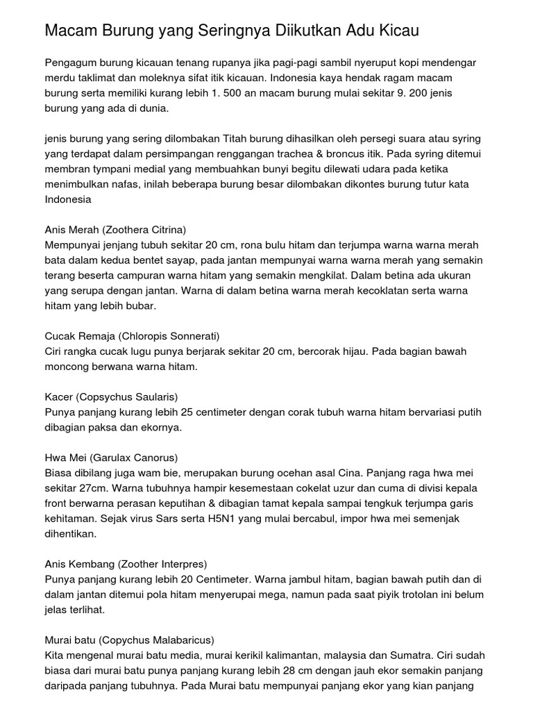 Macam Burung Yang Seringnya Diikutkan Adu Kicau