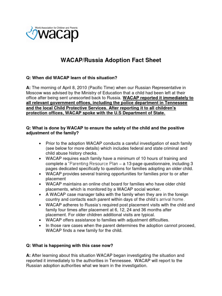 WACAP Russia Adoption Fact Sheet Adoption Family