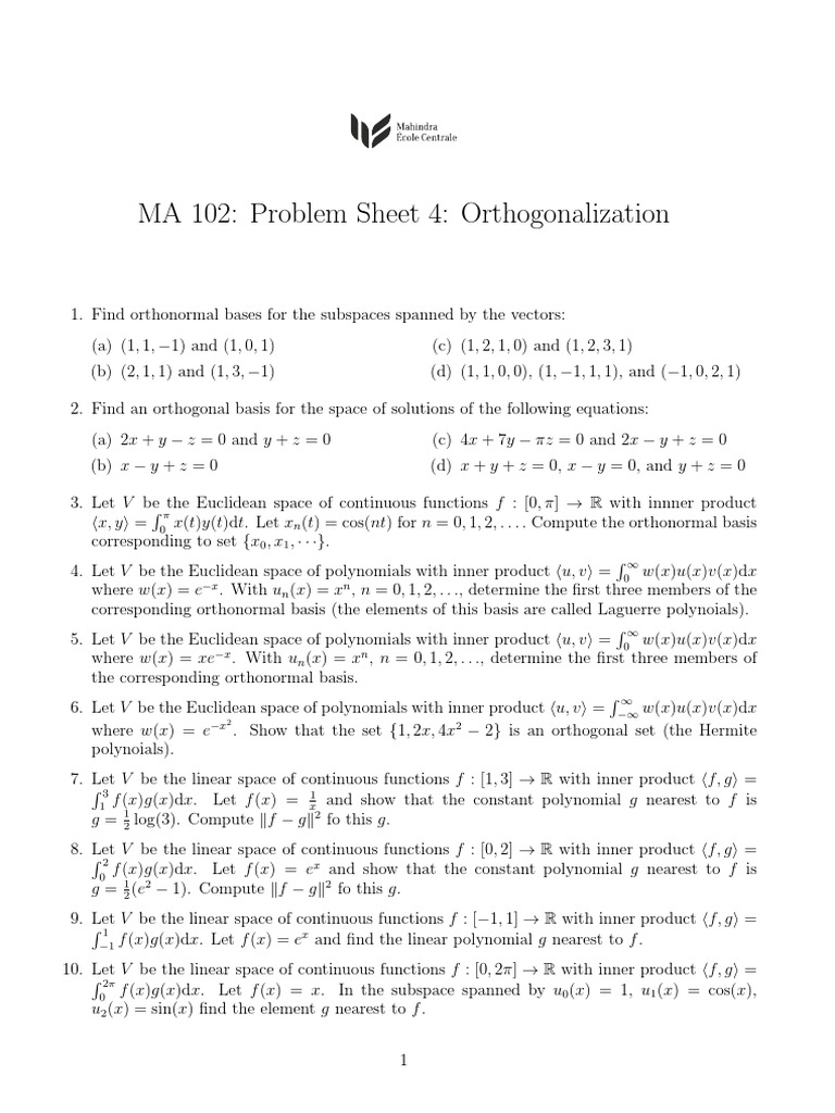 Orthonormal Bases Problem Sheet | PDF