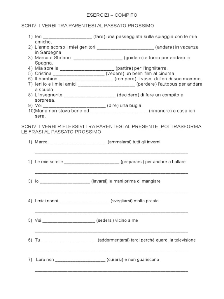 Ejercicios De Passato Prossimo En Italiano